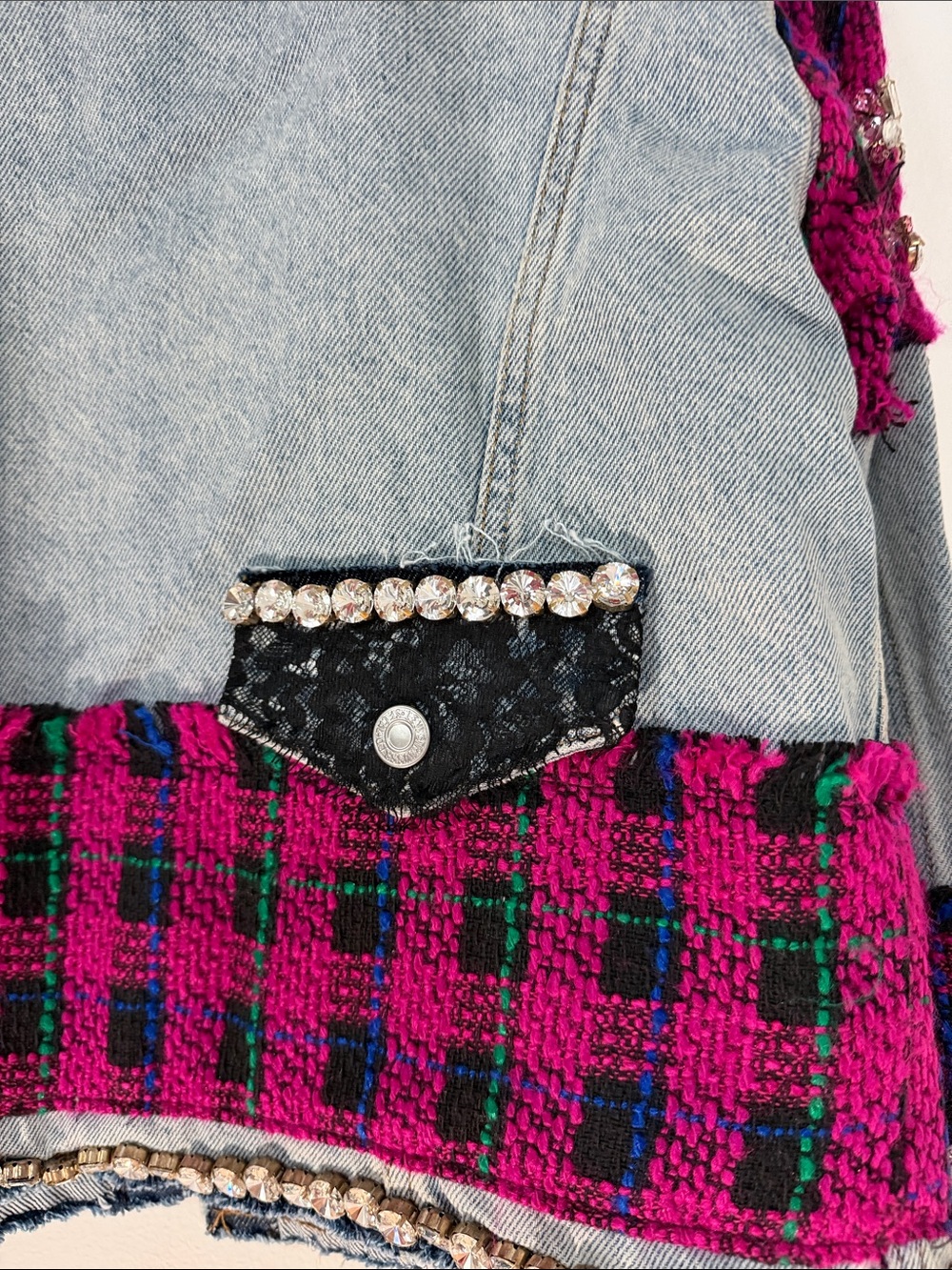 Levy’s Handmade Pink & Black Plaid Tweed and Light Blue Denim Embellished Jacket - Picture 9 of 11